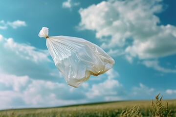 Poster - A person standing in a field holding a plastic bag, suitable for environmental or waste management themes