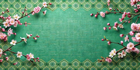 Poster - Elegant Floral Springtime Border on Green Textured Background