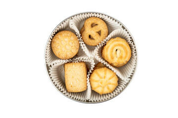 Danish shortbread cookies close-up in a tin box, Christmas cookies, cookies on a white background, isolate, catalog photo of cookies, holiday gift, pastries