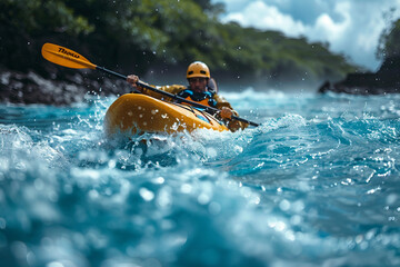 Wall Mural - Kayaking on a tranquil river surrounded by lush greenery and sunlight generative AI