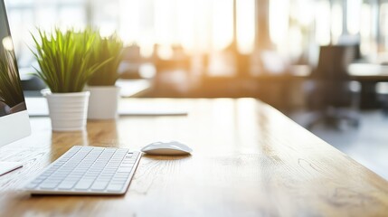 Poster - Minimalist office desk setup with a sleek monitor, keyboard, and vibrant decor on a smooth wooden surface under natural lighting. Ample copy space.