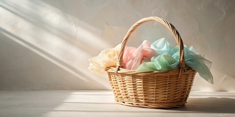 Poster - Pastel fabrics in a wicker basket bathed in sunlight