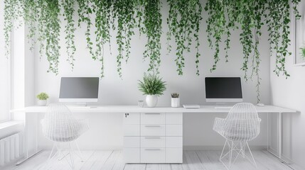 Poster - Minimalist office interior showcasing clean white desks, hanging greenery, and a bright and refreshing design aesthetic.