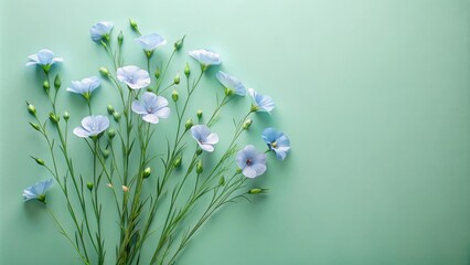 Aufkleber - Pastel Blue Flax Flowers on a Mint Green Background, a Delicate Floral Arrangement