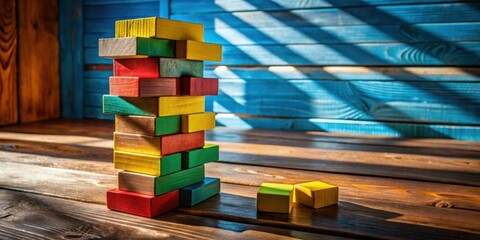 Aufkleber - A colorful wooden block tower precariously balanced on a rustic wooden surface