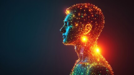 Poster - A glowing, digital silhouette of a person, adorned with vibrant particles, representing a fusion of technology and human form.