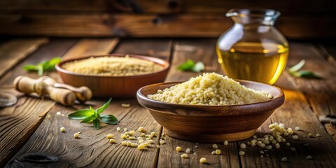Poster - Wooden bowls of couscous with oil on rustic wood table