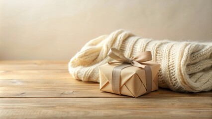 Poster - Cozy Winter Gift Wrapped in Natural Paper Beside a Knitted Sweater on Wooden Surface