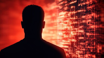 Poster - A silhouette of a person against a vibrant red background filled with digital patterns, conveying a sense of mystery and technology.