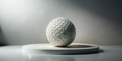 Poster - Geometric Sphere on Circular Pedestal Minimalist White Studio Still Life