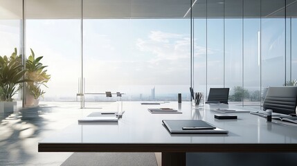 Poster - Modern business meeting room with an empty table, organized stationery, and a panoramic view through large glass windows.