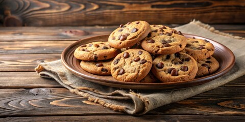 Poster - A plate of freshly baked chocolate chip cookies on a rustic wooden table