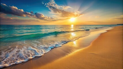 Aufkleber - Serene Sunset Beach Scene Golden Sand, Azure Waves, and Radiant Sky