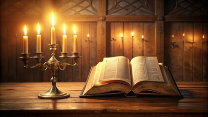 Poster - Serene ambiance of lit candles and an open antique book on a wooden table