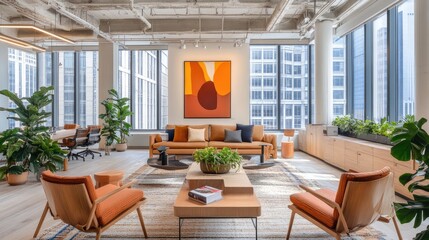 Poster - Modern office area with natural wood furniture, vibrant greenery, and a bright open layout, blending comfort and sustainability.