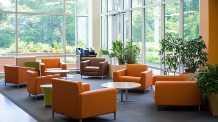 Poster - Modern office break area with lounge seating, a cozy coffee station, and large windows providing ample natural light for a refreshing break.
