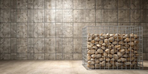 Poster - Modern minimalist interior design featuring a wire cage filled with stones against a concrete wall