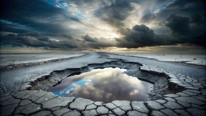 Poster - A Desolate Road Crumbles Under a Dramatic Sky, Reflecting the Gloomy Atmosphere in a Water-Filled Crater