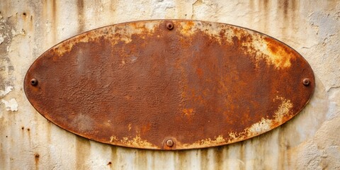 Poster - Rustic Oval Metal Plaque with Heavy Rust and Patina on Weathered Wall