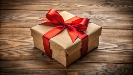 Poster - A Wrapped Gift Box with a Red Ribbon on Rustic Wooden Surface