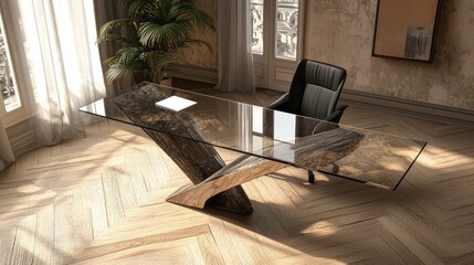 Poster - Modern office workspace with a glass desk, stylish chair, laptop, and potted plant on a bright wooden floor under soft natural lighting. Ample negative space for overlays.