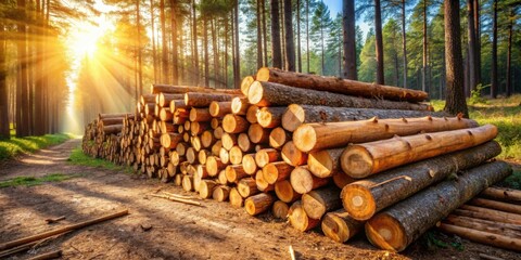 Poster - Golden Sunlight Illuminates a Stack of Logs in a Forest Clearing