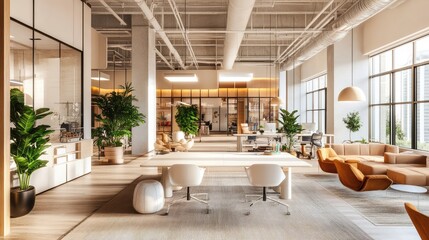 Poster - Modern workspace design with a clean desk, minimal decor, and vibrant greenery adding a touch of freshness. Spacious and inviting for creative use.