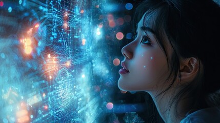 Silhouette of a woman in profile against a vibrant digital background filled with glowing data patterns and interfaces. Technology, creativity, and innovation highlighted. Generative AI