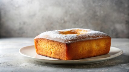 Poster - A Delightful Square Cake, Golden Brown and Powdered Sugar Dusted, Rests on a Simple Plate