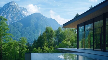 Poster - Elegant architectural design showcasing harmony between nature and structure in a mountainous landscape modern home outdoor serenity panoramic view