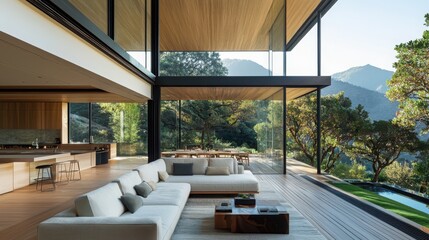 Poster - Elegant architectural design showcasing harmony between nature and structure modern home interior serene landscape open space view minimalist concept