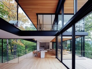Poster - Elegant architectural design of a modern home surrounded by nature interior photography open spaces and clean lines serenity and harmony