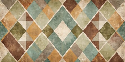 Poster - Abstract Geometric Earthy Tones Seamless Pattern Design Featuring Diamond and Triangle Shapes in Muted Colors Ideal for Textile, Wallpaper, and Interior Decor