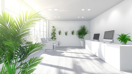 Poster - Open workspace with clean aesthetics featuring desks, chairs, and vibrant green plants under bright natural light.