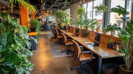 Poster - Open workspace with clean aesthetics featuring desks, chairs, and vibrant green plants under bright natural light.