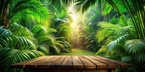 Poster - Wooden Tabletop in a Lush Tropical Paradise, Sunlight Filtering Through the Canopy