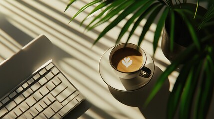 Poster - Professional desk layout with a keyboard, a cup of coffee, and a plant in a modern workspace environment.