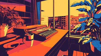 Poster - Professional desk layout with a keyboard, a cup of coffee, and a plant in a modern workspace environment.