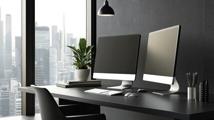 Poster - Professional desk with a dual-monitor setup, wireless accessories, and clean office decor. Plenty of space for overlays.