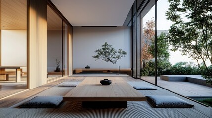 Poster - Elegant dining area with wooden table and tatami mats tranquil home interior minimalist design serene environment aesthetic viewpoint harmony concept