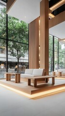 Poster - Elegant minimalist furniture arrangement in modern open space soft lighting enhances simplicity and style