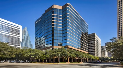 Poster - Professional office tower with reflective glass windows and a clean urban environment. Ample negative space in the sky for text overlays.