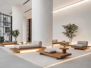 Poster - Elegant minimalist furniture display in open space soft lighting interior design tranquil environment modern aesthetic