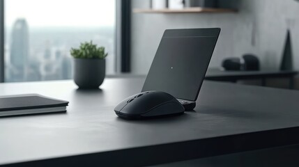 Poster - Professional workspace layout with a blank laptop screen, wireless mouse, and a small plant on a sleek table.