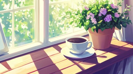 Poster - Simple and elegant desk setup with a cup of coffee, closed laptop, and a small potted plant on a natural wooden table.