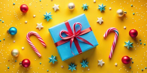 Poster - A Festive Gift Wrapped in a Vibrant Blue Bow, Adorned with Candy Canes and Sparkling Festive Decorations on a Sunny Yellow Background