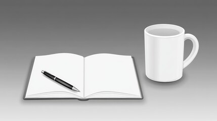 Poster - Simple modern desk with an open notebook, pen, and coffee mug on a gray surface, providing negative space.