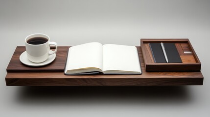 Poster - Simple modern desk with an open notebook, pen, and coffee mug on a gray surface, providing negative space.