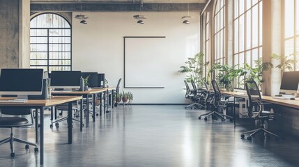 Poster - Sleek office setup with a polished desk, subtle decor, and large windows creating a bright, fresh environment perfect for design overlays.