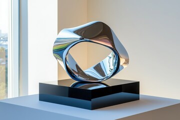 Poster - Elegant minimalist sculpture displaying polished metal form modern art gallery contemporary design interior space artistic viewpoint beauty of form